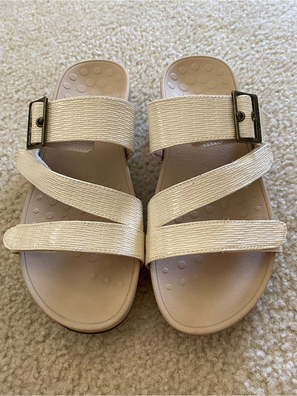 Vionic Cream Triple-Strap Slide Sandals with Buckle